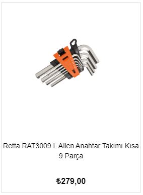 Retta RAT3009 L Allen Anahtar Takımı Kısa 9 Parça